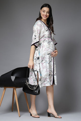 White All Over Printed 100% Rayon Zipless Maternity Dress