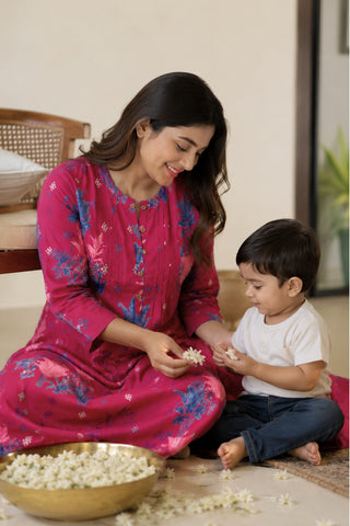 Zipless Feeding Cotton Maternity Kurta-Pant Set - Maroon