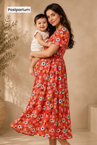 Floral Printed Zipless Feeding Dress - Red