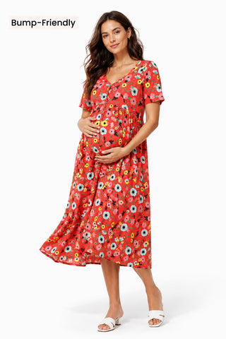Floral Printed Zipless Feeding Dress - Red