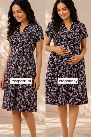 Ditsy Floral Print Maternity Nursing Dress - Black