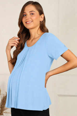 M-Blue Front & Back Pleated Zipless Nursing Top