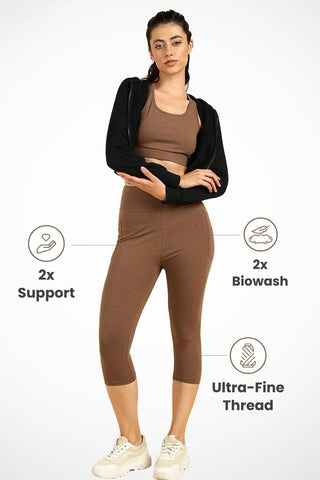 Melange Brown Capri; flexible material allows movement during light exercise.