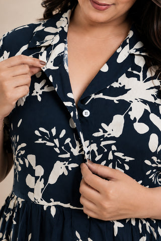 Floral Printed Zipless Feeding Dress - Dark Navy