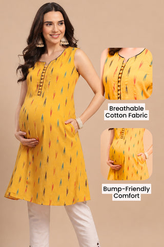 Ikat Sleeveless Zipless Maternity Kurta - Mustard