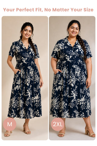 Floral Printed Zipless Feeding Dress - Dark Navy