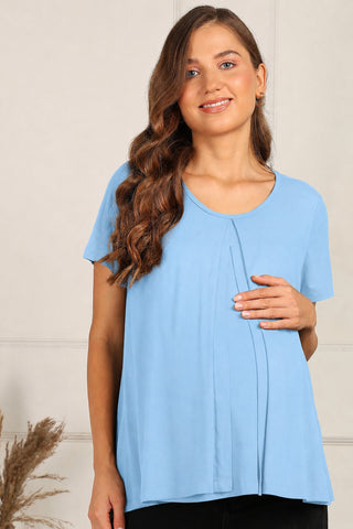M-Blue Front & Back Pleated Zipless Nursing Top