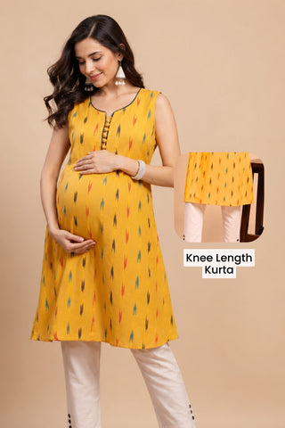 Ikat Sleeveless Zipless Maternity Kurta - Mustard