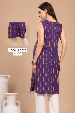 Ikat V-Neck Zipless Feeding Sleeveless Maternity Kurta - Indigo Blue