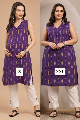 Ikat V-Neck Zipless Feeding Sleeveless Maternity Kurta - Indigo Blue