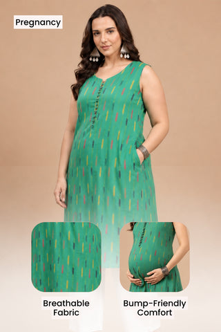 Ikat Sleeveless Zipless Maternity Kurta - Green