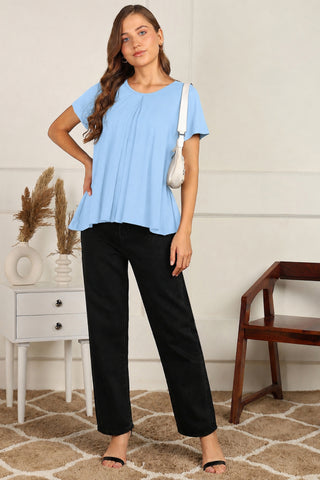 M-Blue Front & Back Pleated Zipless Nursing Top