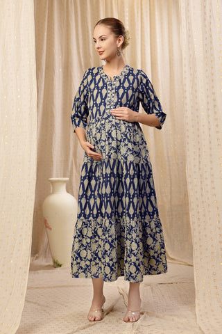 Side profile of the Ethnic Cotton Tiered Kurti for Feeding Kurti, demonstrating the comfortable A-line fit for pregna...