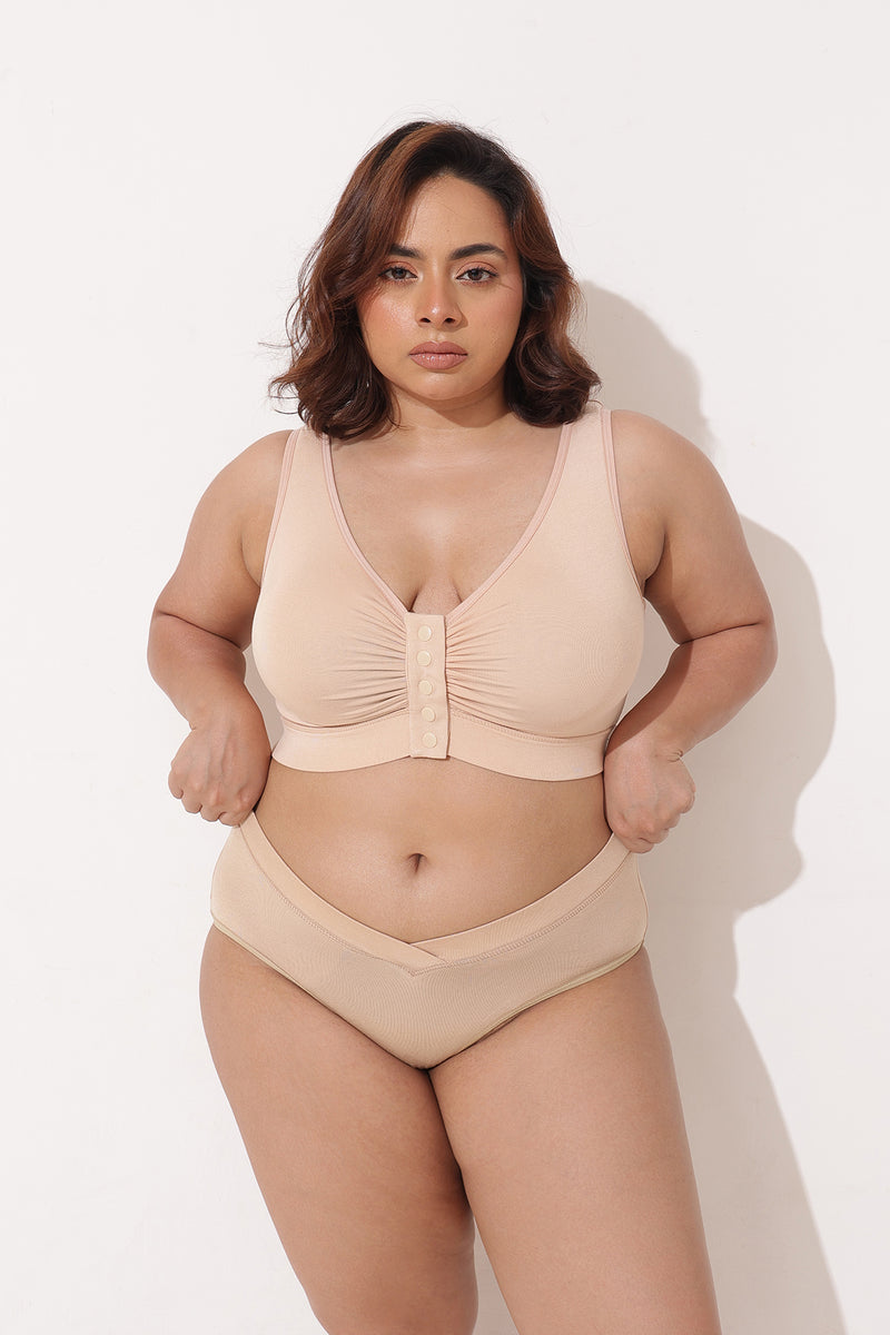 Ruched Modal Front-Open Bra with G-Hook - Nude Almond