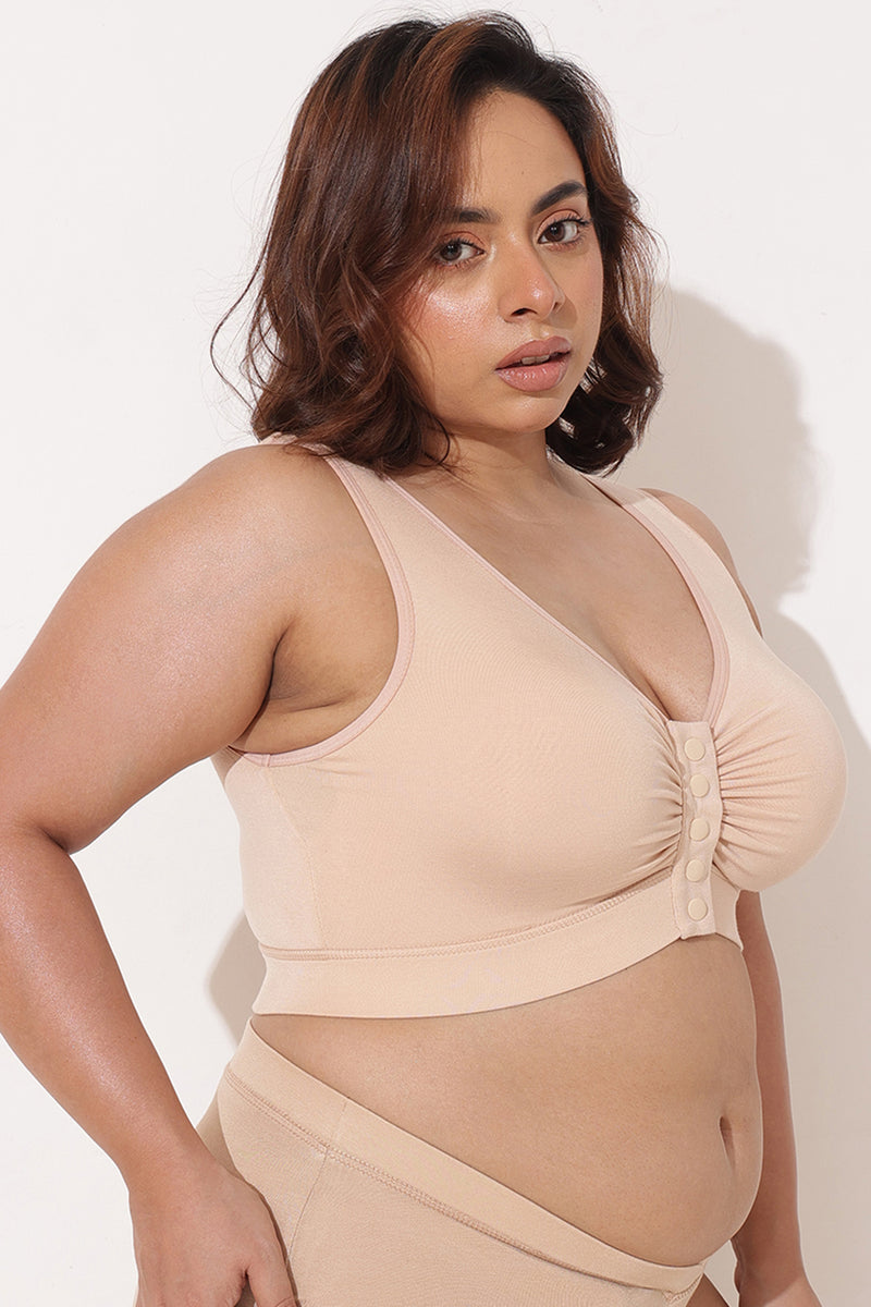 Ruched Modal Front-Open Bra with G-Hook - Nude Almond