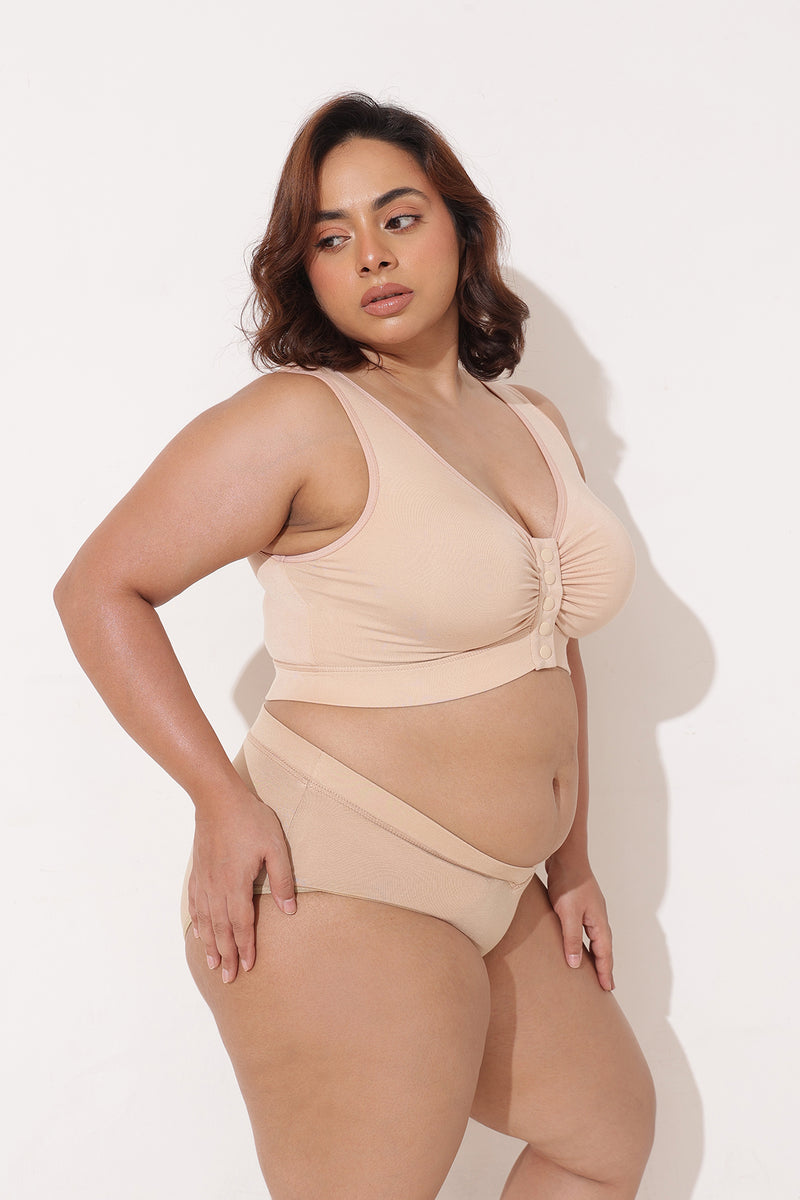 Ruched Modal Front-Open Bra with G-Hook - Nude Almond