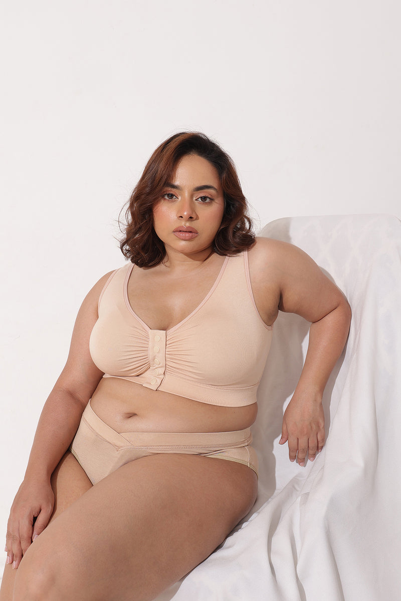 Ruched Modal Front-Open Bra with G-Hook - Nude Almond