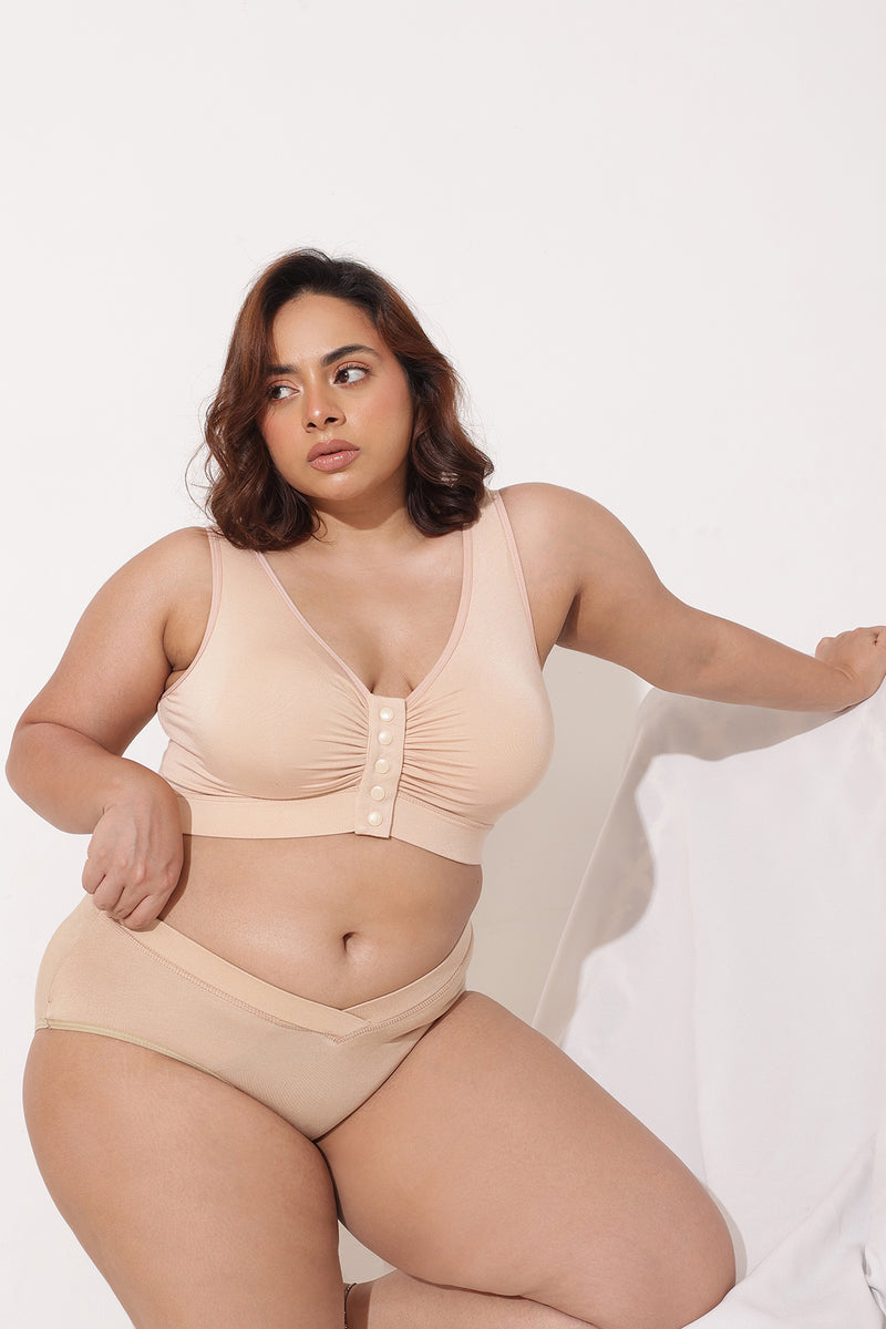 Ruched Modal Front-Open Bra with G-Hook - Nude Almond