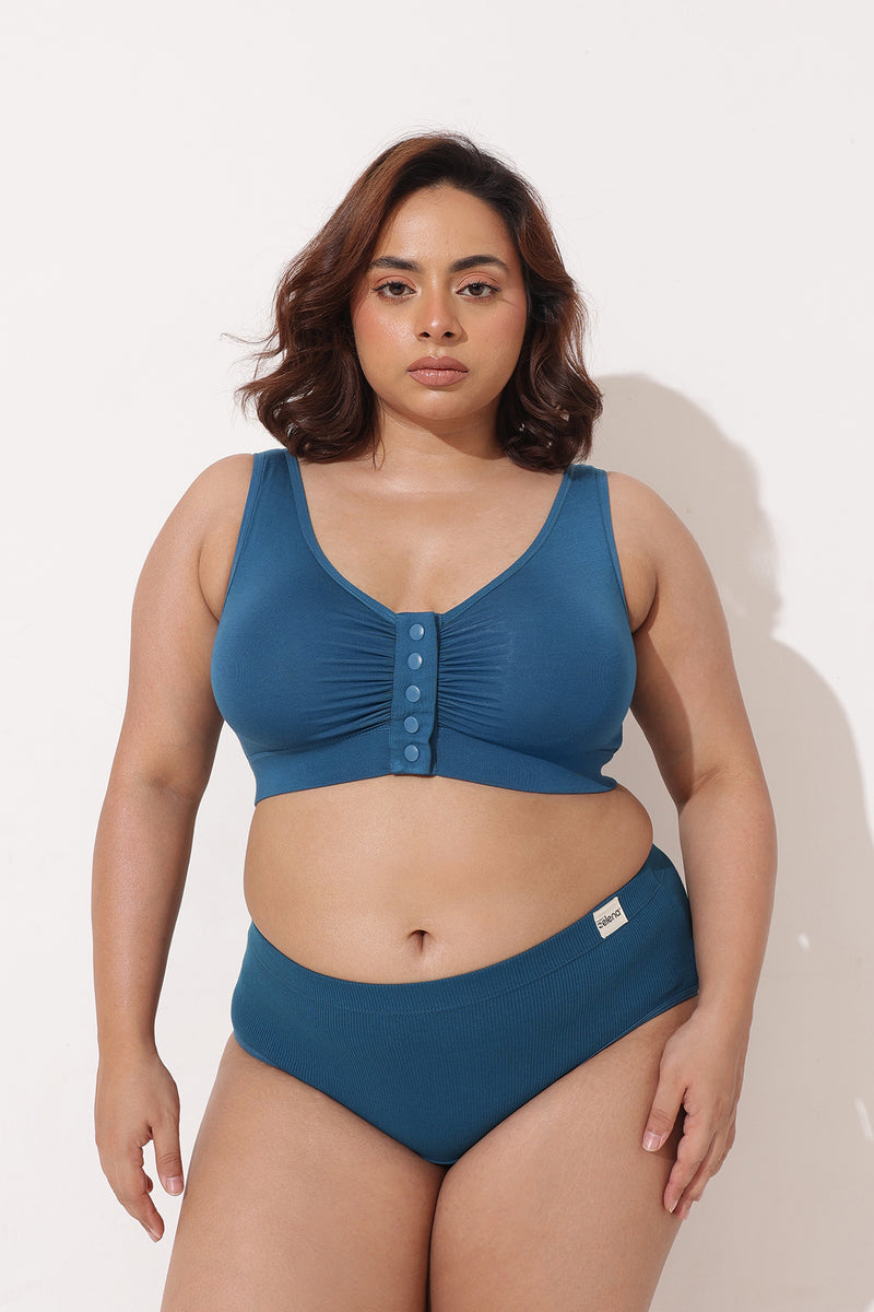 Ruched Modal Front-Open Bra with G-Hook - Airforce