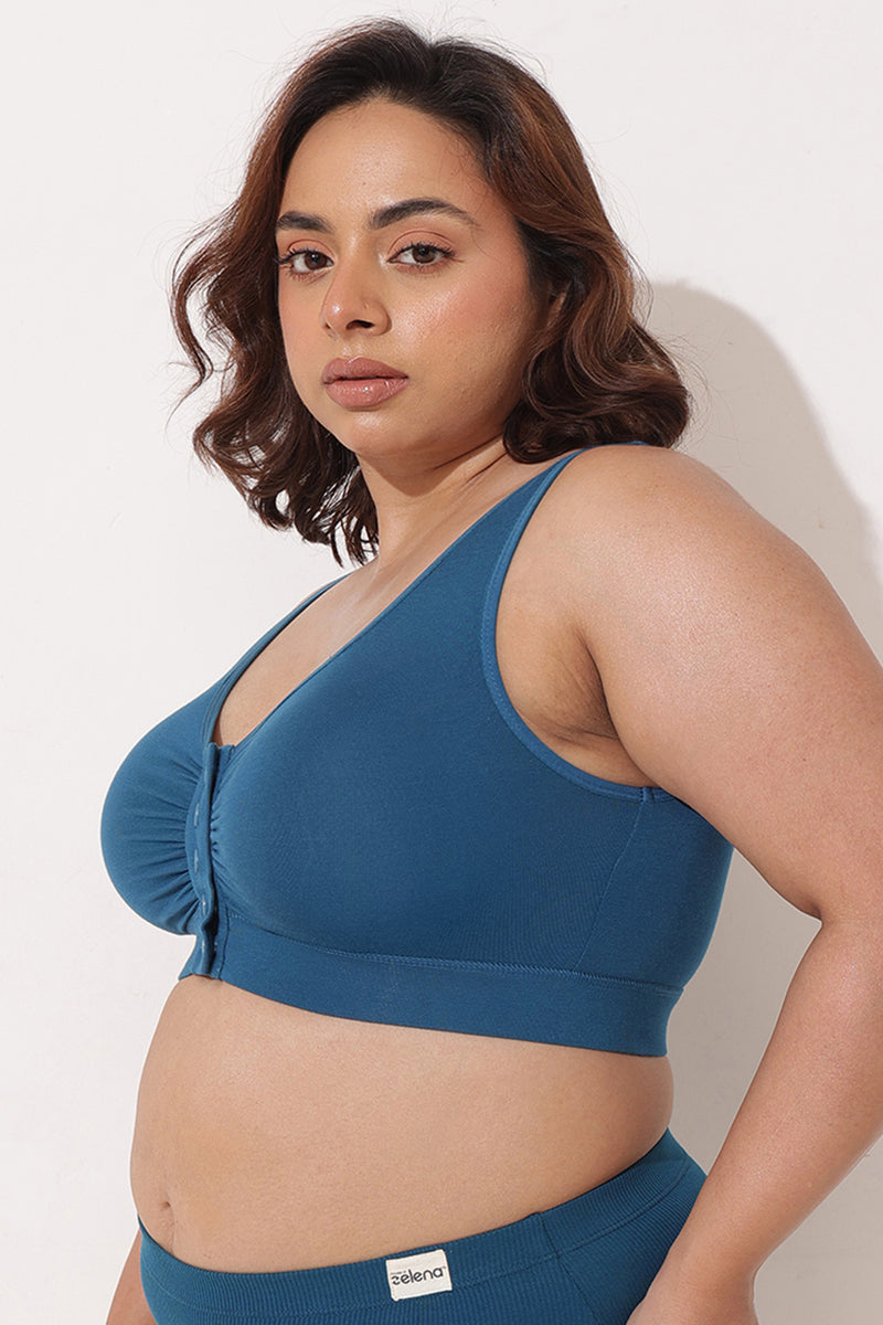Ruched Modal Front-Open Bra with G-Hook - Airforce