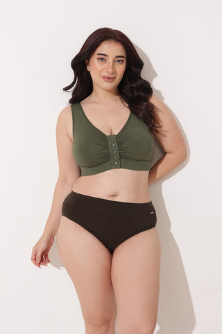 Ruched Modal Front-Open Bra with G-Hook - Forest Green