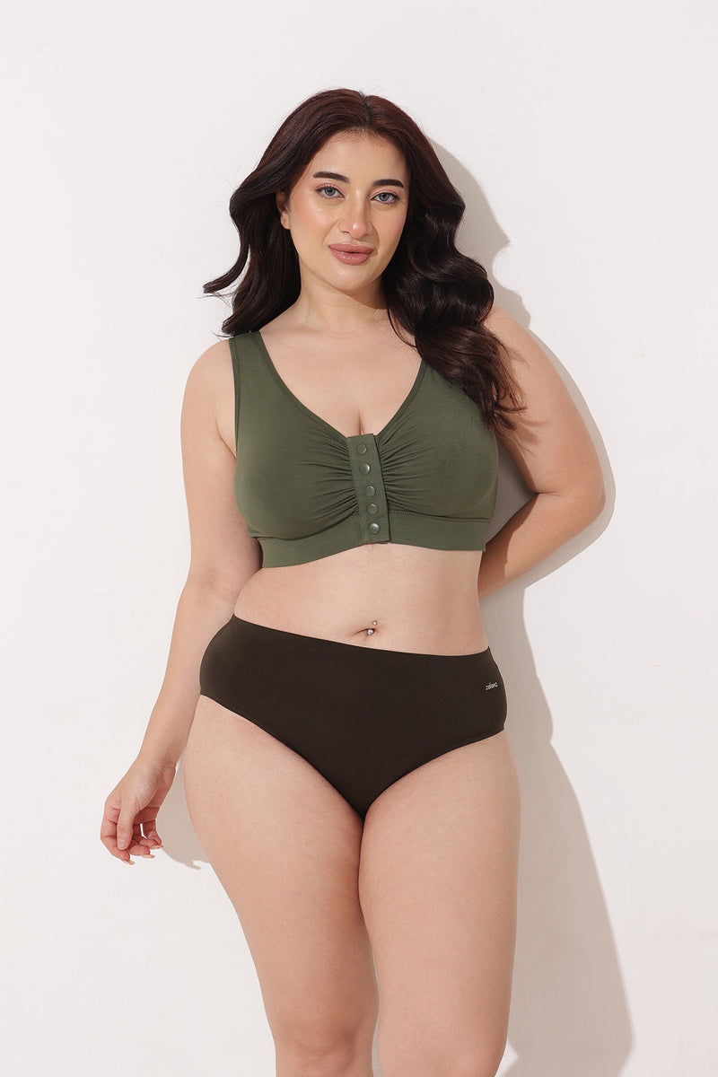 Ruched Modal Front-Open Bra with G-Hook - Forest Green