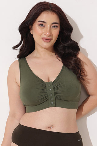 Ruched Modal Front-Open Bra with G-Hook - Forest Green
