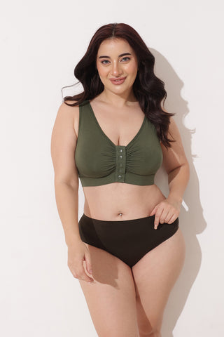Ruched Modal Front-Open Bra with G-Hook - Forest Green