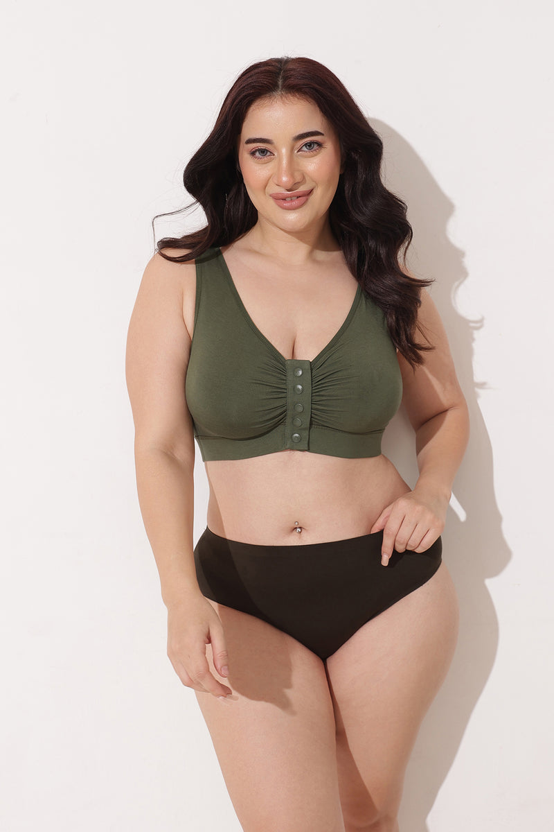 Ruched Modal Front-Open Bra with G-Hook - Forest Green