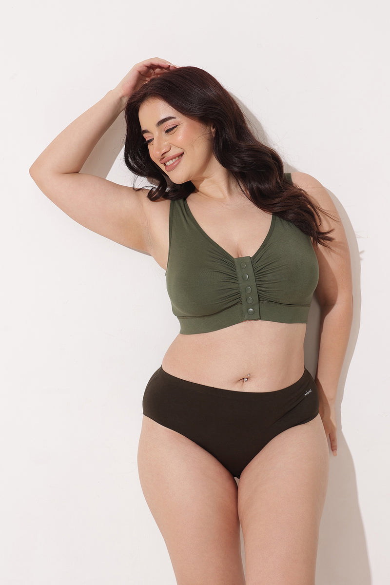 Ruched Modal Front-Open Bra with G-Hook - Forest Green