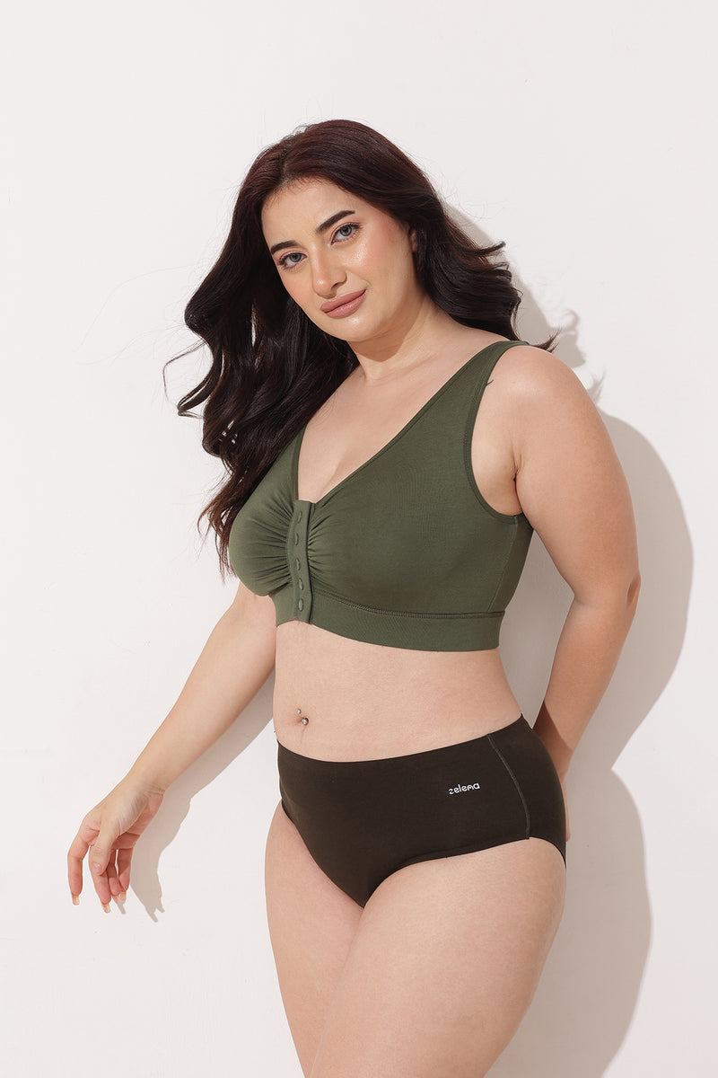 Ruched Modal Front-Open Bra with G-Hook - Forest Green