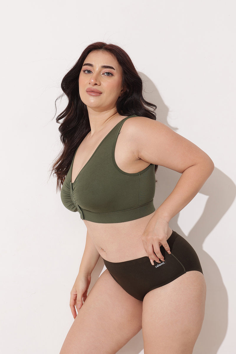 Ruched Modal Front-Open Bra with G-Hook - Forest Green