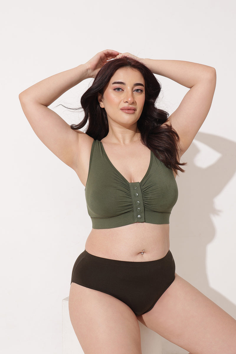 Ruched Modal Front-Open Bra with G-Hook - Forest Green