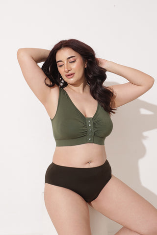 Ruched Modal Front-Open Bra with G-Hook - Forest Green