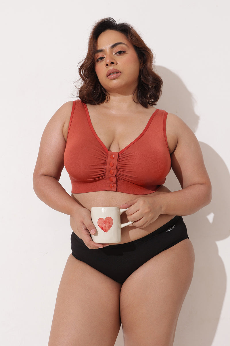 Ruched Modal Front-Open Bra with G-Hook - Rust