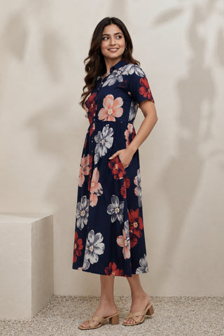 Floral Printed Blue Zipless Feeding Dress