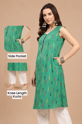 Ikat Sleeveless Zipless Maternity Kurta - Green