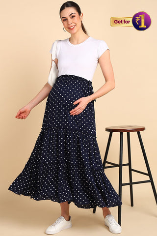 Midnight Blue Tiered Maternity Skirt with Smocked Waistband & Pockets