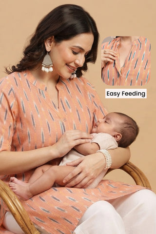 Ikat Zipless Maternity Kurta - Peach