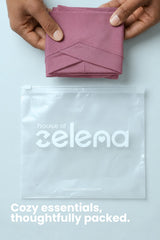 Modal C-Section Panty in Merlot, packaging shot: folded panty in a Zelena zip pouch | postpartum C-section panty, Zelena