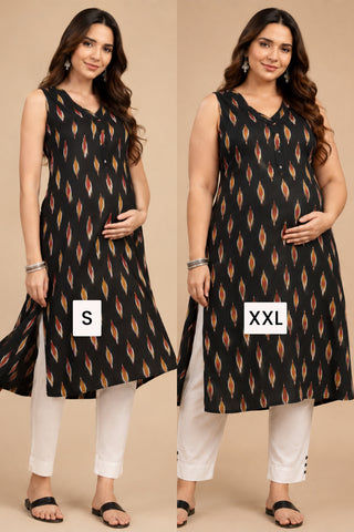 Ikat V-Neck Zipless Feeding Sleeveless Maternity Kurta - Black