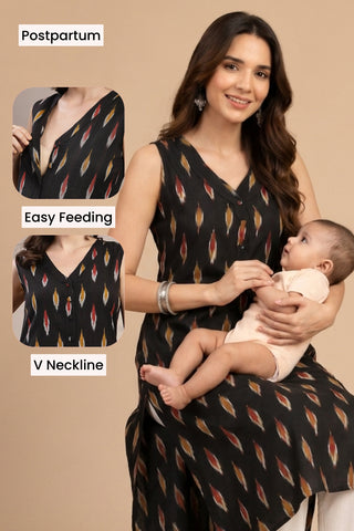 Ikat V-Neck Zipless Feeding Sleeveless Maternity Kurta - Black