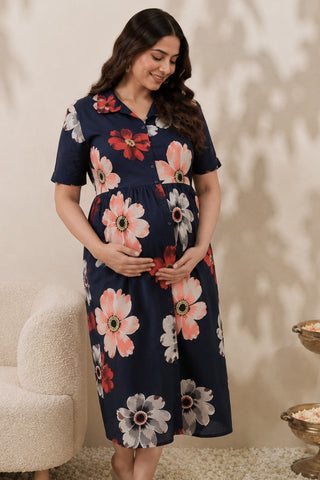 Floral Printed Blue Zipless Feeding Dress