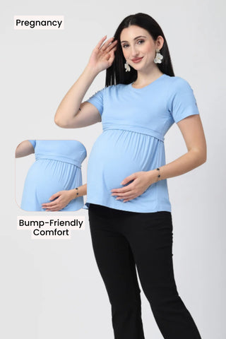 Ice Blue Maternity Zipless Feeding Gathered Top