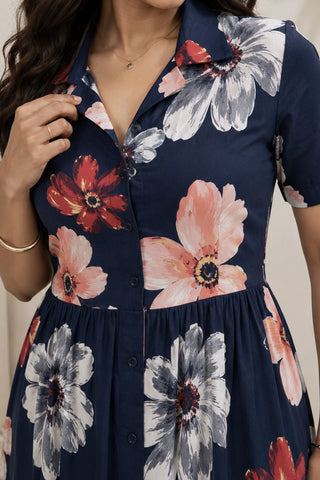 Floral Printed Blue Zipless Feeding Dress