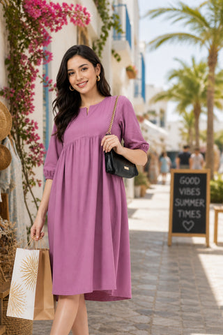 Maternity & Nursing Knee-Length Cotton Dress with Pocket - Mauve