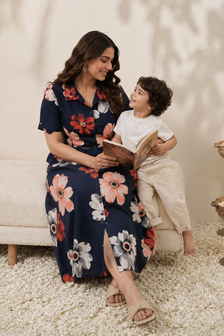 Floral Printed Blue Zipless Feeding Dress