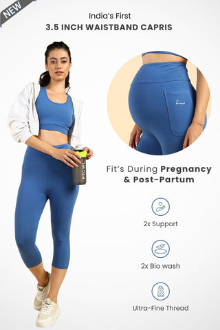 Broad Waist-Band Blue Maternity Capri (Pregnancy & Postpartum)