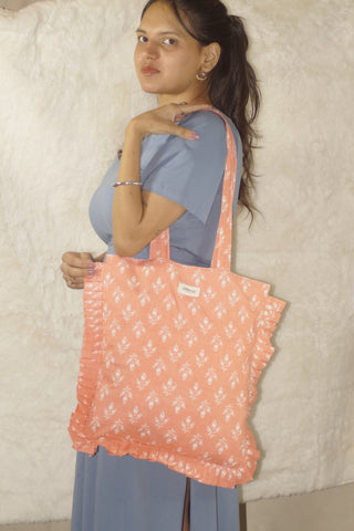 Handcrafted 100% Cotton Tote Bag with Ruffled Edges - Coral