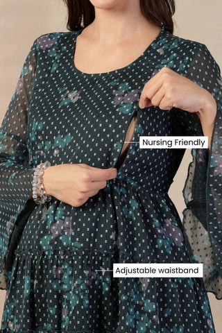 Elegant Red Look of Dark Green Floral Printed Maternity Feeding Tiered Dress - Perfect for Any Occasion